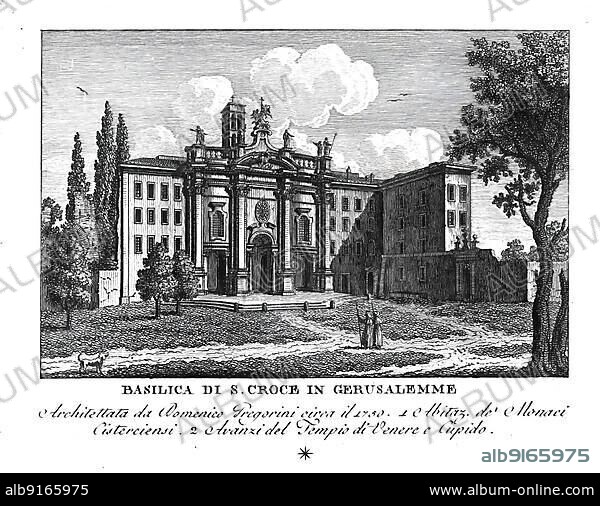Basilica Santa Croce in Gerusalemme, Basilica Sanctae Crucis in Hierusalem, Basilica of the Holy Cross in Jerusalem, one of the seven pilgrimage churches, Rome, Italy, digitally restored reproduction from Vedute principali e piu interessanti di Roma by Giovanni Battista, 1799, Europe.