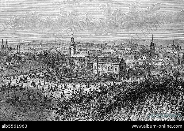 Blick auf Elberfeld, heute Teil von Wuppertal, Nordrhein-Westfalen, Deutschland, im Jahre 1865, Historisch, digital restaurierte Reproduktion einer Originalvorlage aus dem 19. Jahrhundert.