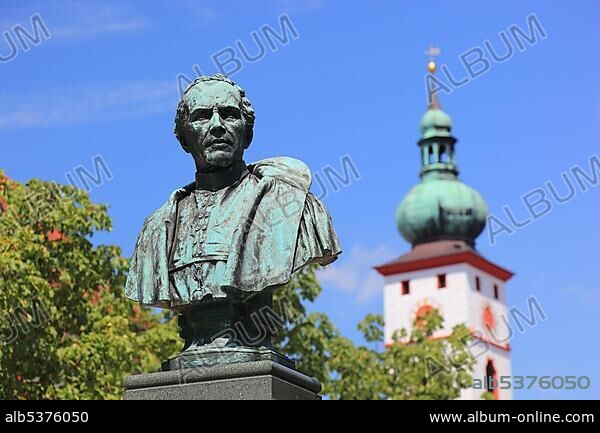 Monument of Johann Andreas Schmeller in front of the Parish Church of the Assumption, Tirschenreuth, Upper Palatinate, Bavaria, Germany, Europe.