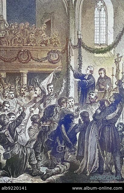 The blessing of the Lützow Freicorps in the church of Rogau in Silesia, Luetzow Free Corpsm, Luetzowsches Freikorps was a volunteer force of the Prussian army during the Napoleonic Wars, Historical, digitally restored reproduction from a 19th century original.