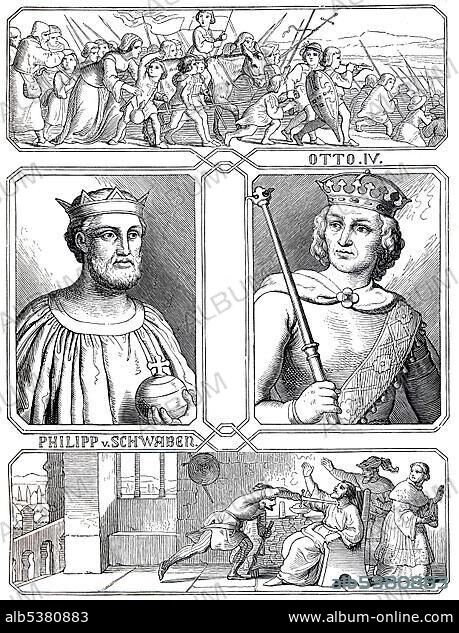 Otto IV of Brunswick, 1175 - 1218, and the murder of Philip of Swabia, 1177 - 1208, historical illustration from Bildnisse der Deutschen Koenige und Kaiser, Portraits of German Kings and Emperors, by Professor Heinrich Schneider, Verlag Friedrich Andreas Perthes, Gotha, 1889.