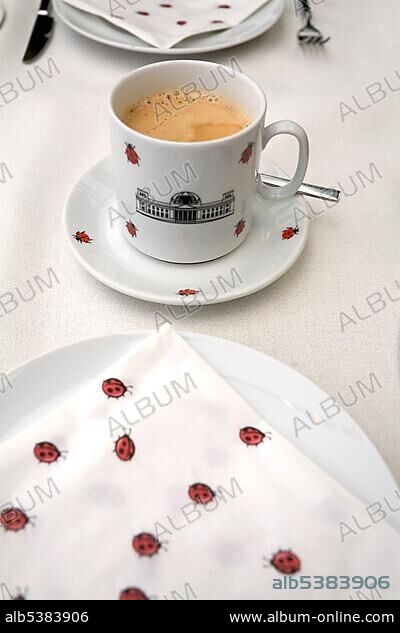 Coffe cup with emblem of the Reichstag, Berlin, Germany, Europe.
