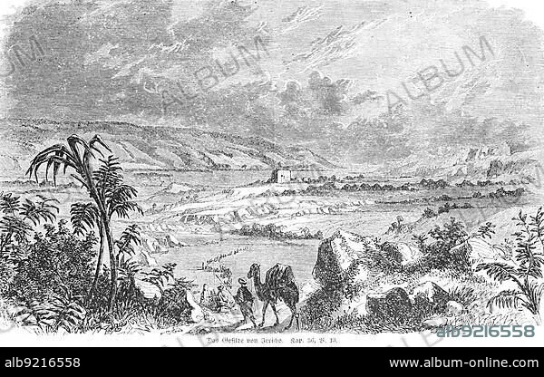 Jericho, landscape, mountains, valley, plain, Jordan, Moab, Moses, God, commandments, right, camel, palms, vegetation, Bible, Old Testament, Book 4 of Moses, Chapter 36, Verse 13, historical illustration, c. 1850, Asia.