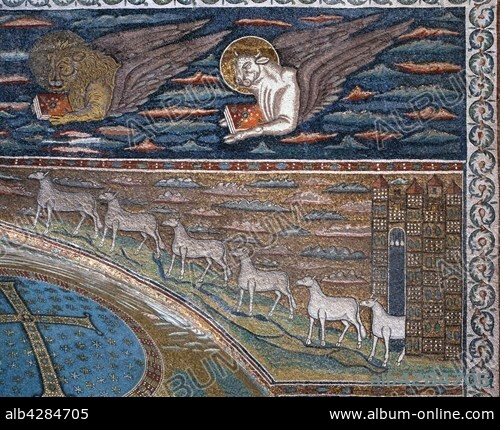 Basilica of Sant'Apollinare in Classe, Ravenna. Mosaic above the apse : representation of the Holy City of Jerusalem, from where the apostles (symbolized by sheeps) left.. Above: symbols of the Evangelists Mark and Luke. 6th century.. Built in the 6th century, the basilica was consecrated in 549 by Bishop Maximianus of Ravenna and dedicated to Apollinaris, first Bishop of Ravenna.