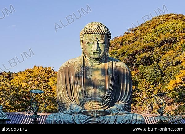 The Bronze Great Buddha (Daibutsu) on the grounds of Kotokuin Temple, Autumn Leaves, Kamakura, Kanagawa Prefecture.