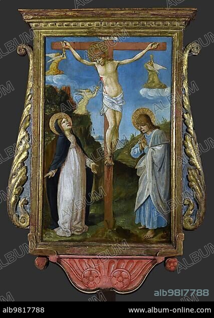 The Crucifixion; Execution; of Jesus of Nazareth; Christ; Good Friday; Golgotha; Saint Michael; by Lorenzo d'Alessandro da San Severino; c. 1490; Italy; Historical; digitally restored reproduction from a 19th century original; Europe.