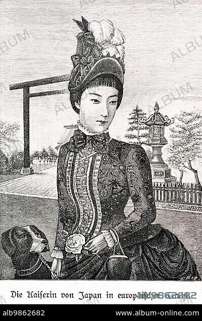 Portrait of the Empress of Japan in European traditional costume, Tokyo, Japan, from front, hat, costume, ruff, handbag, flower, stripes, hairstyle, outside, garden, trees, gate, dog, historical illustration about 1898, Asia.