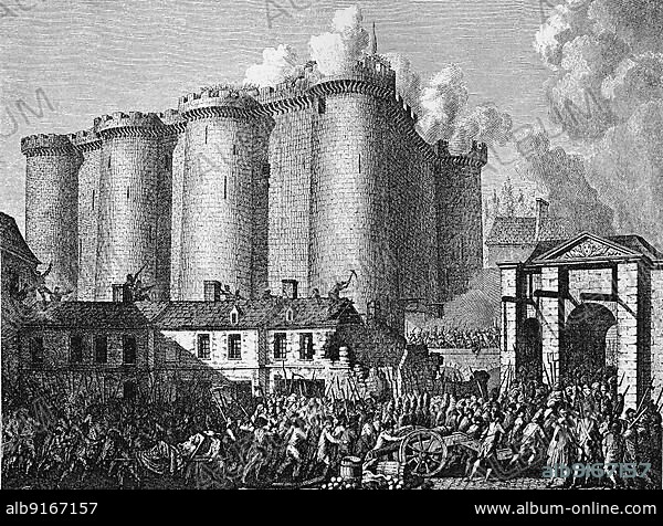Storming of the Bastille on 14 July 1789 is considered one of the significant events at the beginning of the French Revolution. The Bastille, symbol of the oppression by the Ancien Régime, was surrounded by a crowd and finally taken, France, Historical, digitally restored reproduction from a 19th century original, exact date unknown, Europe.