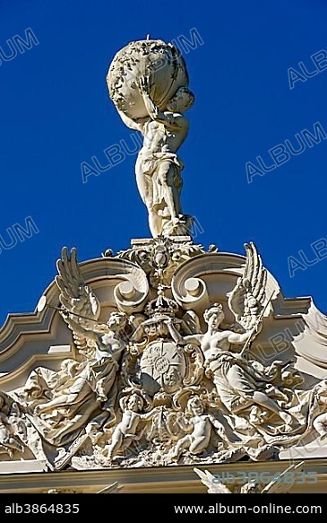 Statue of Atlas holding the celestial sphere, angels and putti around the Bavarian coat of arms on the pediment of Schloss Linderhof Palace, Upper Bavaria, Bavaria, Germany, Europe.