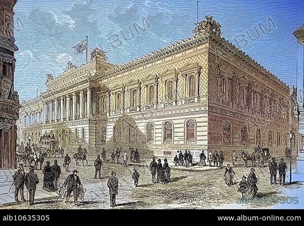 Digitally restored, The building of the Reichsbank in Berlin, Germany, Illustration, The Reichsbank was the central bank of Germany from 1876 to 1945, publication from the year 1882, Digitally improved:, The building of the Reichsbank in Berlin, The Reichsbank was the central bank of Germany from 1876 until 1945, publication from the year 1882, Europe.