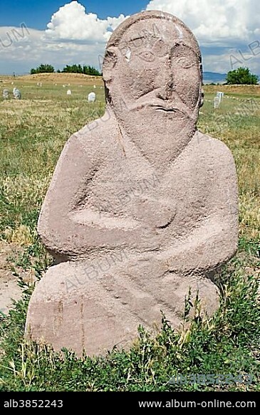 Historic grave stone, balbal, in Balasagun, silk road, Kyrgyzstan, Asia.