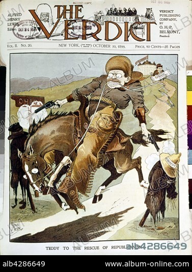 Satirical cartoon in 'The Verdict': Theodore Roosevelt, the cursed cow-boy. 1899. United States. Washington. Library of Congress.