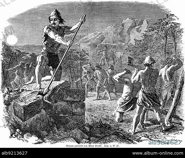 Gideon breaks the altar of Baal, ten men, Gideon, God, fear, night, city, work, destroy altar, landscape, mountains, axe, tool, lance, oxen, trees, Bible, Old Testament, Book of Judges, chapter 6, verse 27, historical illustration c. 1850, Middle East.