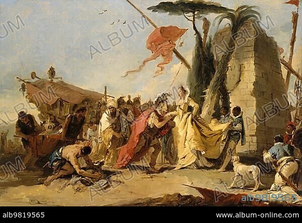 The Meeting of Antony; Marc Antony and Cleopatra; Pharaoh Cleopatra VII born 69 BC; died 12 August 30 BC; ruled Egypt as the last queen of the Macedonian-Greek dynasty of the Ptolemies from 51 BC to 30 BC; Marc Antony; was a Roman politician and general; Historical; digitally restored reproduction from an original of the period.
