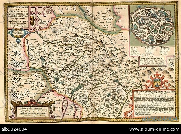 Atlas; map from 1623; Lemovici; France with city of Limoges; digitally restored reproduction from an engraving by Gerhard Mercator; born as Gheert Cremer; 5 March 1512; 2 December 1594; geographer and cartographer.