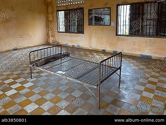 Bed at interrogation room of S-21 Prison, Tuol Sleng Genocide Museum in Phnom Penh, Cambodia, Asia.