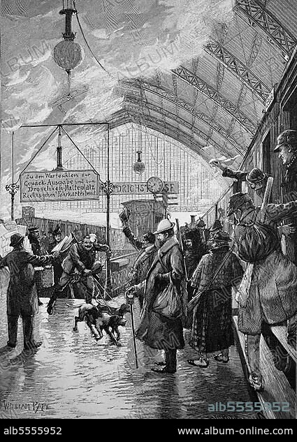 Friedrichstraße station in Berlin, train about to depart, people hurrying to board, Historic, digital reproduction of an original 19th-century painting.