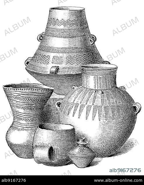 Five different vessels made of clay of the Younger Iron Age, Germany, The Neolithic or New Stone Age was a period in the development of human technology that began around 10. 200 B. C. digitally restored reproduction of a 19th century original, exact original date unknown, Europe.