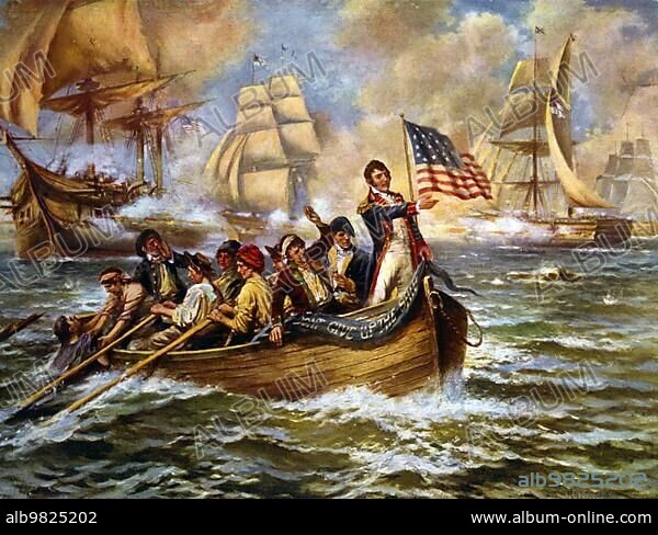 The Battle of Lake Erie; also known as the Battle of Put-in-Bay; took place on Lake Erie off the coast of Ohio on 10 September 1813 during the War of 1812. Oliver Hazard Perry stands in front of a small boat after abandoning his flagship; the Lawrence; Historic; digitally restored reproduction from an original of the period; The Battle of Lake Erie; also known as the Battle of Put-in-Bay; took place on Lake Erie off the coast of Ohio on 10 September 1813 during the War of 1812. Oliver Hazard.