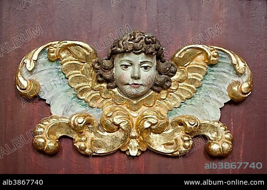 Angel figure in the monastery church of St. Stephen and St. Vitus, Imperial Abbey of Corvey, UNESCO World Heritage Site, Höxter, North Rhine-Westphalia, Germany, Europe.