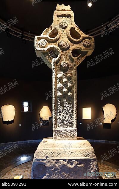 South Cross, a high cross in the Museum in Clonmacnoise Monastery, County Offaly, Leinster, Republic of Ireland, Europe.