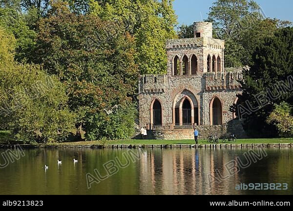 Mosburg in the castle park built in the 13th century in the Biebrich castle park in Wiesbaden, Hesse, Germany, Europe.