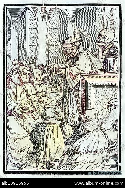 Der Tod holt den Prediger Holzschnitt von Georg Scharffenberg nach Hans Holbein d. J. Aus Der Todten Tanz, erschienen Basel 1843, Death comes for the Preacher Woodcut by Georg Scharffenberg after Hans Holbein the Younger From Der Todten Tanz or The Dance of Death published Basel 1843, Historisch, digital restaurierte Reproduktion von einer Vorlage aus dem 19. century, Record date not stated.