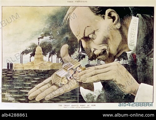 Horace Taylor. American school. Banker Rockefeller (1839-1937). Satirical cartoon when the verdict of the antitrust trial was announced (1911): 'The point of view of the trusts giant: what a funny little government...'. Caricature published in 'The Verdict' on January 22, 1900. Horace Taylor (1865-1921).