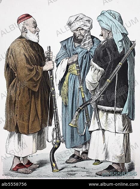Folk traditional costume, clothing, history of costumes, Afghans of the Khaibar Pass, costumes from Asia, 1885, Afghanistan, digitally restored reproduction of a 19th century original, exact date unknown, Asia.