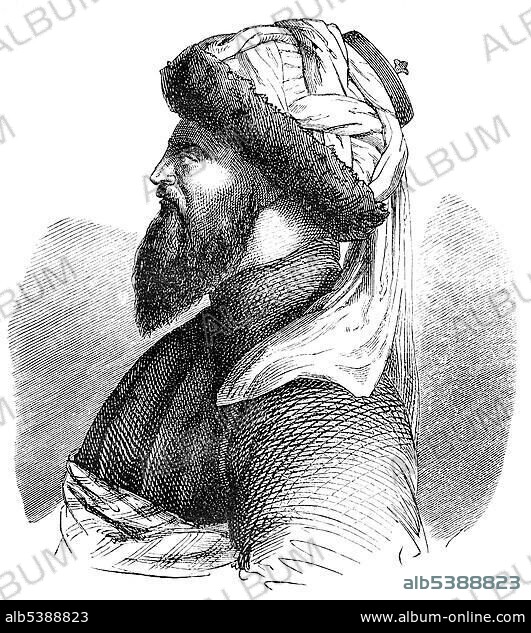 Historical drawing from the 19th century, portrait of Imam Shamil, 1797 - 1871, a political and religious leaders of the Muslim mountain peoples in the Caucasus and Chechnya Dagestan against the Russian conquest of the North Caucasus.