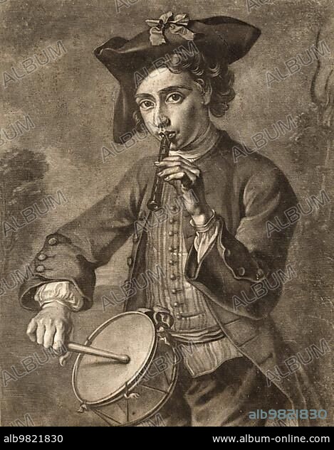 A Young Male Playing Drum and Fife; Musician; c. 1760; France; A Young Male Playing Drum and Fife; a painting of Philippe Mercier (1689-1760); Historical; digitally restored reproduction of a historical original; Europe.