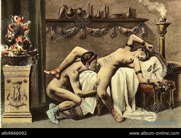 Man and woman having sex, Oral sex, Erotic illustration by Edouard-Henri Avril (21 May 1849 - 1928), a French painter and graphic artist, under the name Paul Avril he became known as an illustrator of erotic to pornographic novels, Historical, digitally restored reproduction from a 19th century original.