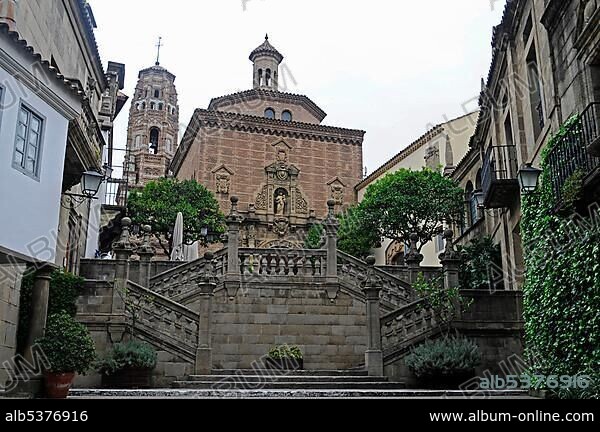 Stairs and church, Poble Espanyol, Spanish village, open-air museum, Montjuic, Barcelona, Catalonia, Spain, Europe.
