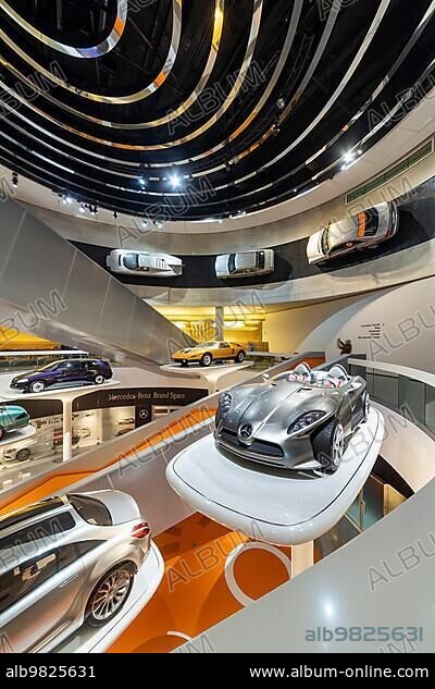 Mercedes Museum; Stuttgarts most visited museum is part of the Mercedes-Benz World in Untertürkheim and with its vehicles and classic cars recalls the early days of the automobile; Architecture Ben van Berkel; Architekturbüro UNStudio; Stuttgart; Baden-Württemberg; Germany; Europe.