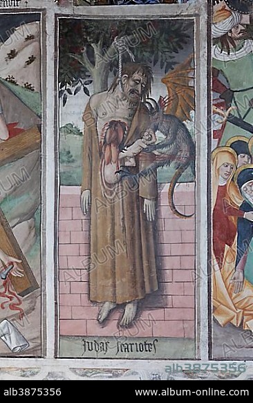 Wall painting "Judas Iscariot" in the pilgrimage chapel Sanctuaire Notre-Dame des Fontaines, La Brigue, Département Alpes-Maritimes, Region Provence-Alpes-Côte d’Azur, France, Europe.