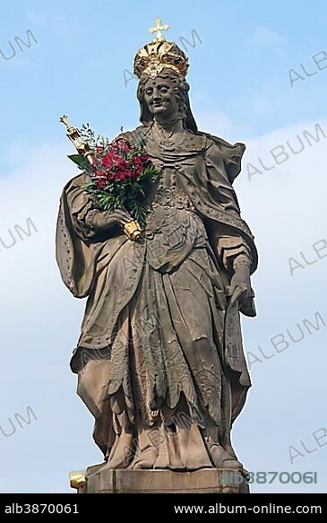Statue of Empress Kunigunde with a bunch of roses, 1750, Untere Brücke bridge, Bamberg, Upper Franconia, Bavaria, Germany, Europe.