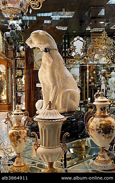 Porcelain greyhound, kitsch decor in a European style for Arab home furnishings, Deira, Dubai, UAE, Middle East, Asia.