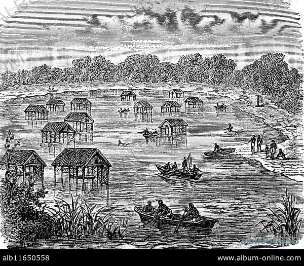 Africa, Pile dwellings in Lake Mohrja, Urua, Kingdom of the Luba in the south-east of today's Democratic Republic of Congo, around 1870, Historical, digital reproduction of an original from the 19th century.