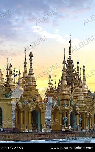 Spires of Shwedagon pagoda, Shwedagon Paya, sunrise, Yangon, Myanmar, Asia.
