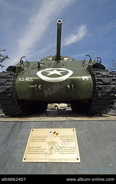American World War Two Sherman M4A3 Tank at Place General Mac Auliffe in Bastogne, Belgian Ardennes, Belgium, Europe.