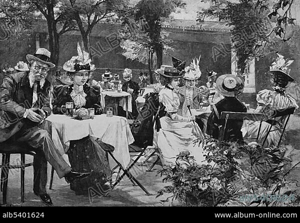 High society in front of the spa hotel in Bad Reichenhall, Bavaria, Germany, woodcut, historical engraving, 1899, Europe.