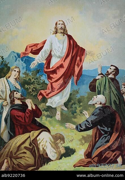 Biblical story, Ascension of Christ, chrome lithograph from a house Bible, ca 1870.