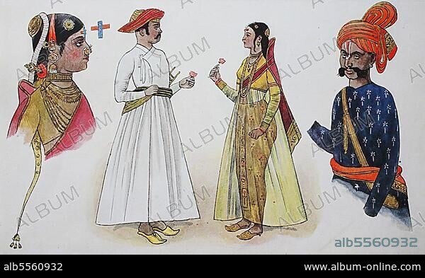 Kleidung, Mode in Indien, von 1600-1800, von links, eine Frau aus reichem Haus, dann ein mohammedanischer Inder mit Frau und ein Rajput-Krieger, digital restaurierte Reproduktion einer Originalvorlage aus dem 19. Jahrhundert.