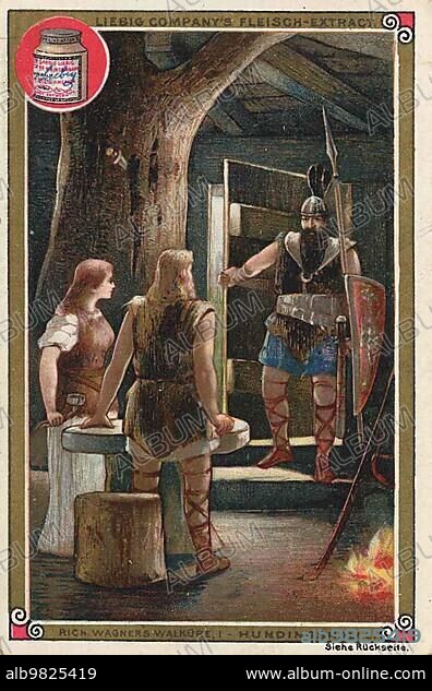 Hundingshalle; Die Walküre; an opera by Richard Wagner; digitally restored reproduction of a public domain collector's picture from ca 1900; Liebig picture series Richard Wagner; Walküre; (1893).