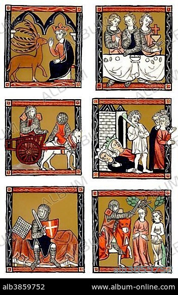 Historical print from the 19th century, from a manuscript dating from the 13th century, paintings from the Arthur novels, tales about King Arthur, Merlin, Lancelot, Julius Caesar.