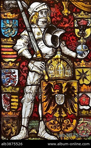 Colourful stained glass windows of Hohkönigsburg Castle, Château du Haut-Koenigsbourg, Hohenstaufen Empire castle from the 12th century, near Orschwiller, Département Bas-Rhin, Alsace, France, Europe.