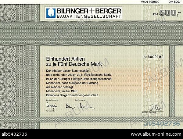 Historic stock certificate, 100 shares of 5 Deutschmarks, Bilfinger und Berger Bauaktiengesellschaft, a construction and service company, 1996, Mannheim, Germany, Europe.