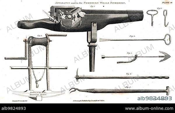 Tools used in whaling; harpoon gun; ship's winch; hand hook; ice drill; cannon harpoon; seal club; king fork; c. 1790; Norway; Historic; digitally restored reproduction from a 19th century original; Europe.