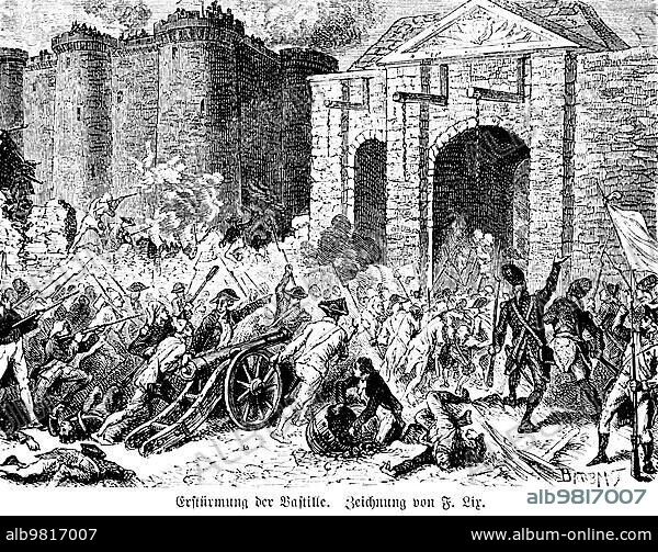 Marie Antoinette; 1789 storming of the Bastille; Queen Marie Antoinette; Versailles; cannons; soldiers; city wall; revolution; flag; 18th century; history; historical illustration 1894.