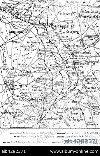 First World War. . Map of the Frist Battle of 'Ypres (September to October 1914) showing the Franco-British attack.